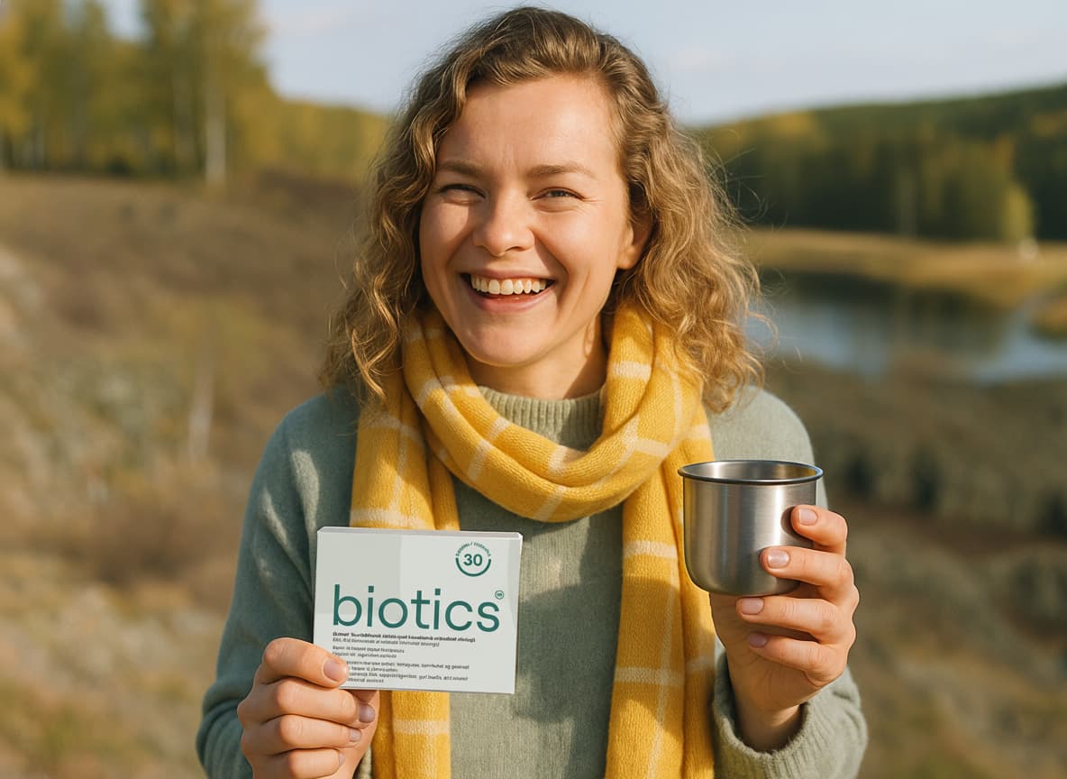 Glad kvinne med gult skjerf og en kopp holder en pakke Biotics ute ved et vann